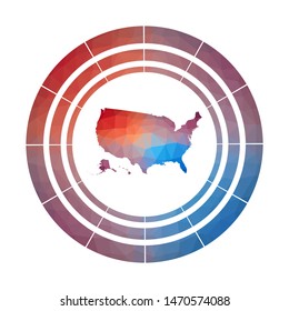 USA badge. Bright gradient logo of country in low poly style. Multicolored USA rounded sign with map in geometric style for your infographics.