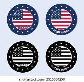 USA Badge Design, Button, emblem, Sticker, award, medal, Icon, Logo, Made in USA, American Flag Badge, Flat Vector, Red-Blue and Black, Isolated Illustration. 4th july, flag day.