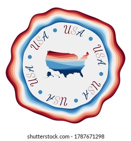 USA badge. Map of the country with beautiful geometric waves and vibrant red and blue frame. Vivid round USA logo. Vector illustration.