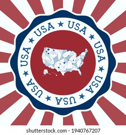 USA Badge. Round logo of the country with a triangular mesh map and radial rays. EPS10 Vector.