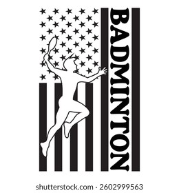 USA Badminton Typography T-shirt Design Vector, Racket shuttlecock illustration, racket indoor sport design Sublimation
