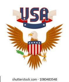 USA bald eagle and american flag, bird holding leaf arrows in claws, symbol of America freedom, greeting postcard vector illustration isolated