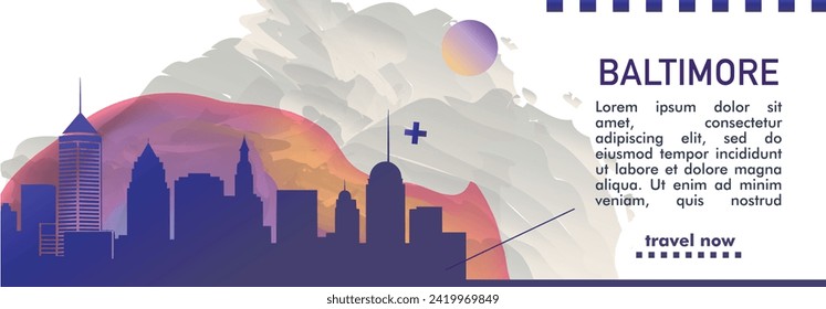 USA Baltimore city banner with abstract shapes of skyline, cityscape, landmark. US Maryland state travel vector horizontal illustration layout for brochure, website, page, presentation, header, footer