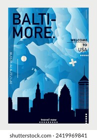 USA Baltimore city poster with abstract skyline, cityscape, landmark and attraction. US Maryland state travel vector illustration layout for vertical brochure, website, flyer, presentation