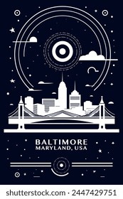 USA Baltimore City Vintage Poster mit abstraktem Stadtbild und Skyline. Retro Vektorgrafik Schwarz-Weiß-Illustration für Maryland State Town, Vereinigte Staaten von Amerika