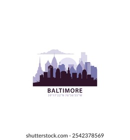 Logo de USA Baltimore con skyline, icono de Vector retro de paisaje urbano. Estados Unidos de América, Maryland horizonte de la ciudad, fachada, logotipo de viaje