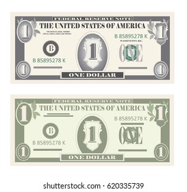 USA Banking Currency, Cash Symbol 1 Dollar Bill. Money Set, Paper Banknotes One Dollar.  Vector Illustration In Simple, Flat Style In Two Variants. Isolated On White Background. Vertical Location.