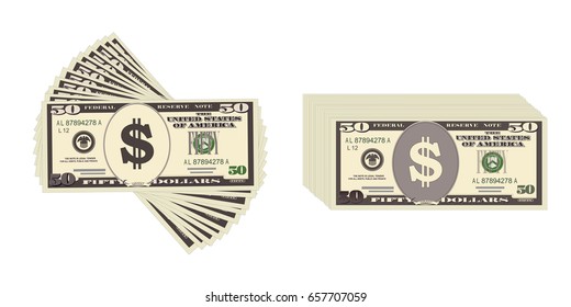 USA banking currency, cash symbol 50 dollars bill. Banknotes fifty dollars. Vector  in flat style. Isolated on white. Suitable for advertising promotions, leaflet, coupon, flyer. Horizontal.