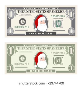 USA banking currency, cash symbol 1 dollar bill. Money set, paper banknotes one dollar with Santa Claus. Christmas vector for sale. Suitable for discount cards, leaflet, coupon, flyer, vouchers. 