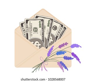 USA banking currency in open beige envelope with bouquet of lavender. One hundred dollar bills as gift, close-up. Vector illustration. Dollar banknotes as present.