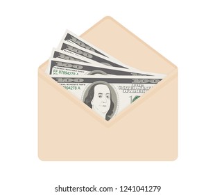USA banking currency in open beige envelope. One hundred dollar bills as gift, close-up. Bribe in envelope, bribery and corruption. Vector illustration. Dollar banknotes as present, salary.
