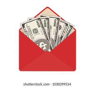 USA banking currency in open red envelope. One hundred dollar bills as gift, close-up. Bribe in envelope, bribery and corruption. Vector illustration. Dollar banknotes as present, salary.