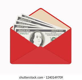 USA banking currency in open red envelope. One hundred dollar bills as gift, close-up. Bribe in envelope, bribery and corruption. Vector illustration. Dollar banknotes as present, salary.