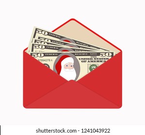 USA banking currency with Santa Claus in open red envelope. One hundred dollar bills as gift, close-up. Christmas vector illustration isolated on white background. Dollar banknotes as present.
