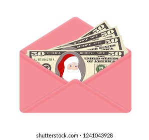 USA banking currency with Santa Claus in open pink envelope. One hundred dollar bills as gift, close-up. Christmas vector illustration isolated on white background. Dollar banknotes as present.