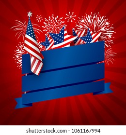 USA banner design of america flag and fireworks with blank blue ribbon on red background vector illustration