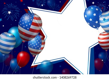 USA banner design of balloons and blank white paper star with fireworks vector illustration