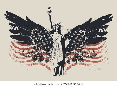 USA banner or logo with American flag with the Statue of Liberty in New York with bird wings. Vector poster, flyer, t-shirt design, greeting card or design element in grunge style