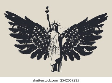 USA banner or logo with American flag with the Statue of Liberty in New York with bird wings. Vector poster, flyer, t-shirt design, greeting card or design element in grunge style