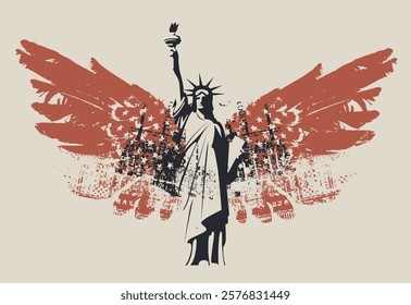 USA banner or logo with american flag with Statue of Liberty in New York with bird wings. Vector poster, flyer, t-shirt design, greeting card or design element in grunge style