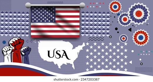 USA banner for national day with abstract modern design. USA flag and map with typography. raised fists and embroidery background.  independence day. Vector Illustration.