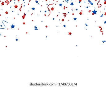 Usa banner. Red and blue celebration confetti and stars falling on white background. Happy Independence Day decoration. Bright design elements for Birthday party, invitation, web. Vector illustration.