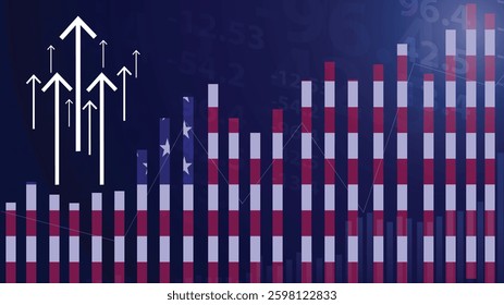 USA bar chart graph with ups and downs, increasing values, USA country flag on bar graph, upward rising arrow on data, news banner idea, developing country concept
