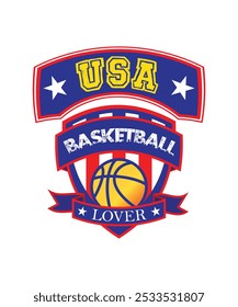 USA Basketball Lover, Illustration, Independence T-shirt Design, Typography, 4th of July, Independence Day, USA Flag, Vector, Sticker, Mockup