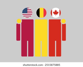 USA, Belgium, and Canada National Flags With Embracing Body. Vector Illustration. Isolated background.