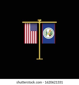 USA and Belize friendship concept.USA and Belize flags hanging side by side on golden poles. isolated on black bakcground