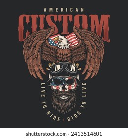 USA biker club colorful vintage poster with eagle holding motorcycle driver's skull and slogan live to ride vector illustration