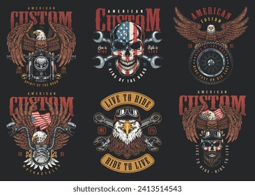 USA bikers vintage set stickers colorful with eagles on motorcycles and skulls with flags or wrenches vector illustration