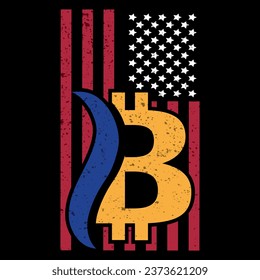 USA BITCOIN. Moneda de oro de Bitcoin en imágenes de las acciones de la bandera estadounidense. Criptodivisa con imágenes de bandera estadounidense. Imágenes digitales de oro. Hermosa foto de una moneda de bitcoin de oro.3d ilustración de bitcoin sobre azul