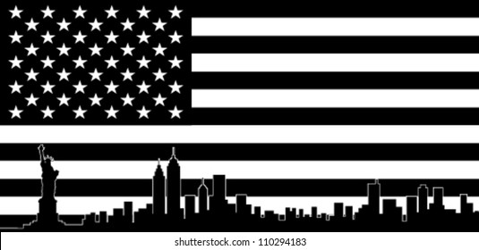 USA Black Flag New York City Vector Skyline