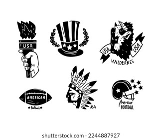 USA Black Logo Badges with Torch, Top Hat, Bull, Rugby Ball, Indian and Football Helmet Vector Set