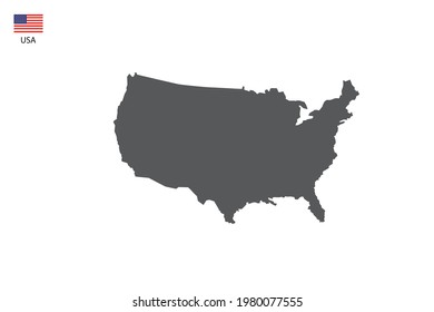USA black shadow map isolated on white background with USA icon flag on the left corner.
