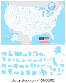 USA blank map with it's lakes, rivers and separated states including Alaska and Hawaii.