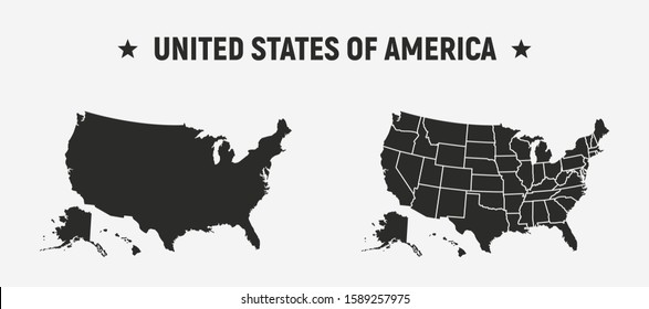 USA blank map and USA map with states.  
Set of 2 USA maps. Poster maps of USA. United States of America map vector template. 