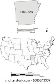 USA blank map vector outlines with highlighted state of Arkansas and scales of miles and kilometers. The scales and map are accurately prepared by a map expert for educational purposes.