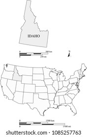 USA blank map vector outlines with highlighted state of Idaho and scales of miles and kilometers. The scales and map are accurately prepared by a map expert for educational purposes.