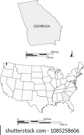 USA blank map vector outlines with highlighted state of Georgia and scales of miles and kilometers. The scales and map are accurately prepared by a map expert for educational purposes.