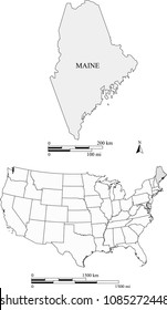 USA blank map vector outlines with highlighted state of Maine and scales of miles and kilometers. The scales and map are accurately prepared by a map expert for educational purposes.