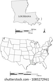 USA Blank Map Vector Outlines With Highlighted State Of Louisiana And Scales Of Miles And Kilometers. The Scales And Map Are Accurately Prepared By A Map Expert For Educational Purposes.