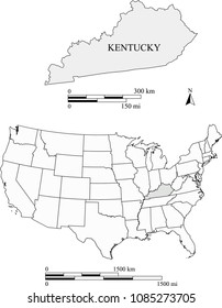 USA blank map vector outlines with highlighted state of Kentucky and scales of miles and kilometers. The scales and map are accurately prepared by a map expert for educational purposes.