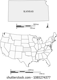 USA blank map vector outlines with highlighted state of Kansas and scales of miles and kilometers. The scales and map are accurately prepared by a map expert for educational purposes.