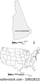 USA blank map vector outlines with highlighted state of New Hampshire and scales of miles and kilometers. The scales and map are accurately prepared by a map expert for educational purposes.