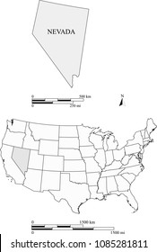 USA blank map vector outlines with highlighted state of Nevada and scales of miles and kilometers. The scales and map are accurately prepared by a map expert for educational purposes.