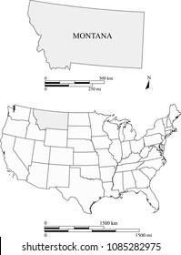 USA blank map vector outlines with highlighted state of Montana and scales of miles and kilometers. The scales and map are accurately prepared by a map expert for educational purposes.