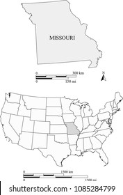 USA blank map vector outlines with highlighted state of Missouri and scales of miles and kilometers. The scales and map are accurately prepared by a map expert for educational purposes.