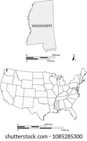 USA blank map vector outlines with highlighted state of Mississippi and scales of miles and kilometers. The scales and map are accurately prepared by a map expert for educational purposes.